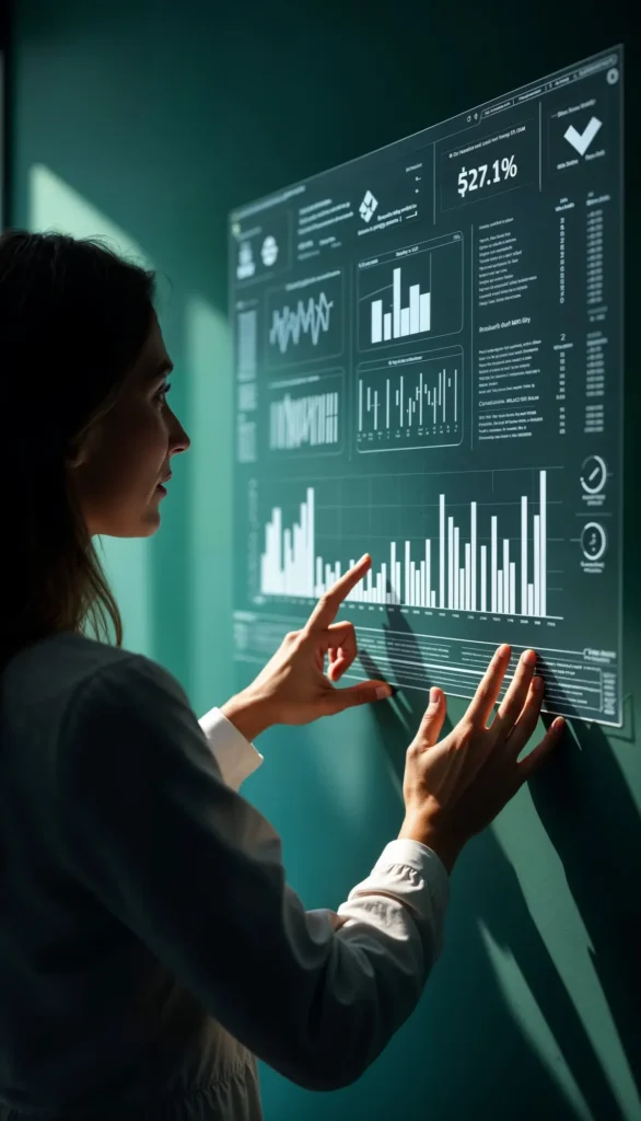 a woman is browsing the ecommerce analytics of an inventory management system on a large dark touch screen   