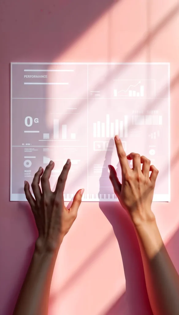 female hands using a large touch screen, displaying ecommerce analytics user interface   