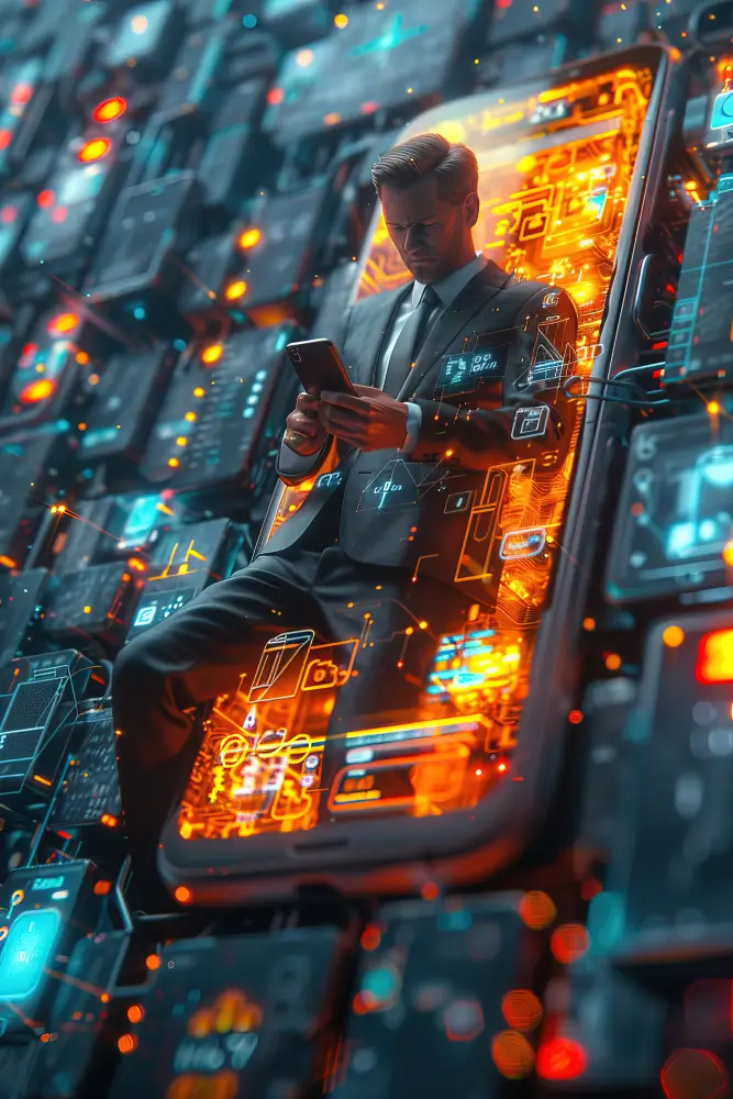 a futuristic illustration of a man in a suite emerging from a mobile screen, he's frowning with frustration of ecommerce challenges