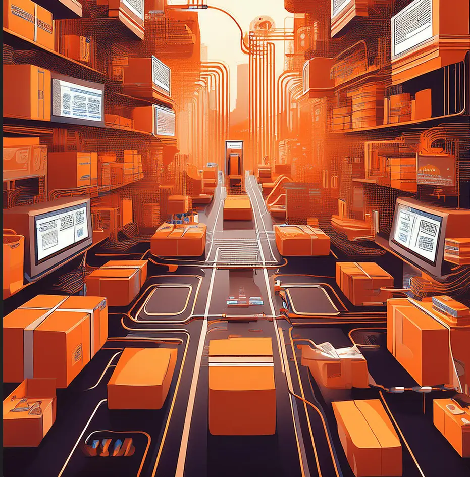 an illustration of an automated warehouse, like Amazon's, showing a robotic autonomous worker dispatching merchandise and depicting the importance of automation in solving the ecommerce challenges 